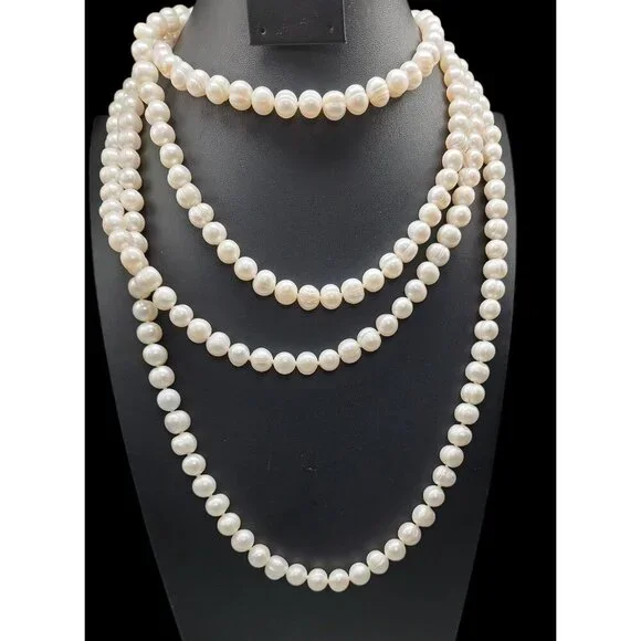 Freshwater Ringed Pearl Necklace 80" Glowing Bridal White 9mm-10mm Free Form